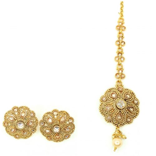 Indian Jewelry Rushna Stud Earring Tikka Set Kundan Polki Set Antique Gold Tikka Set